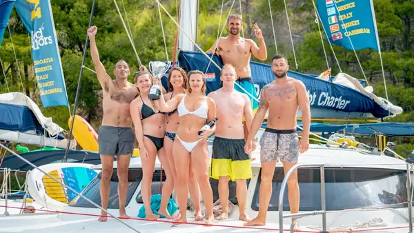 Group of guests on a yacht in Greece