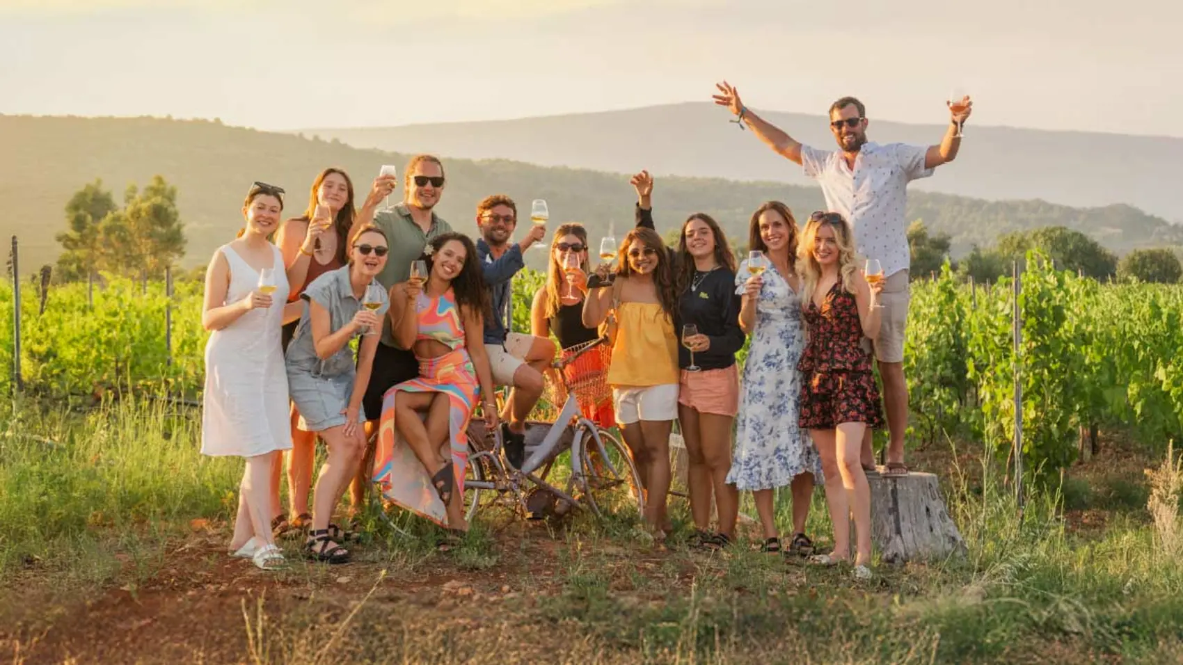 Group of friends wine tasting at a vineyard in Croatia