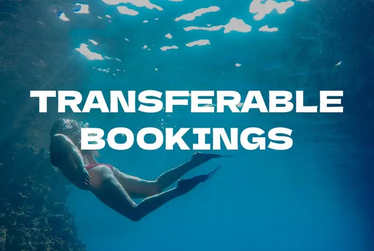 Transferable bookings text over an image of a woman diving under water