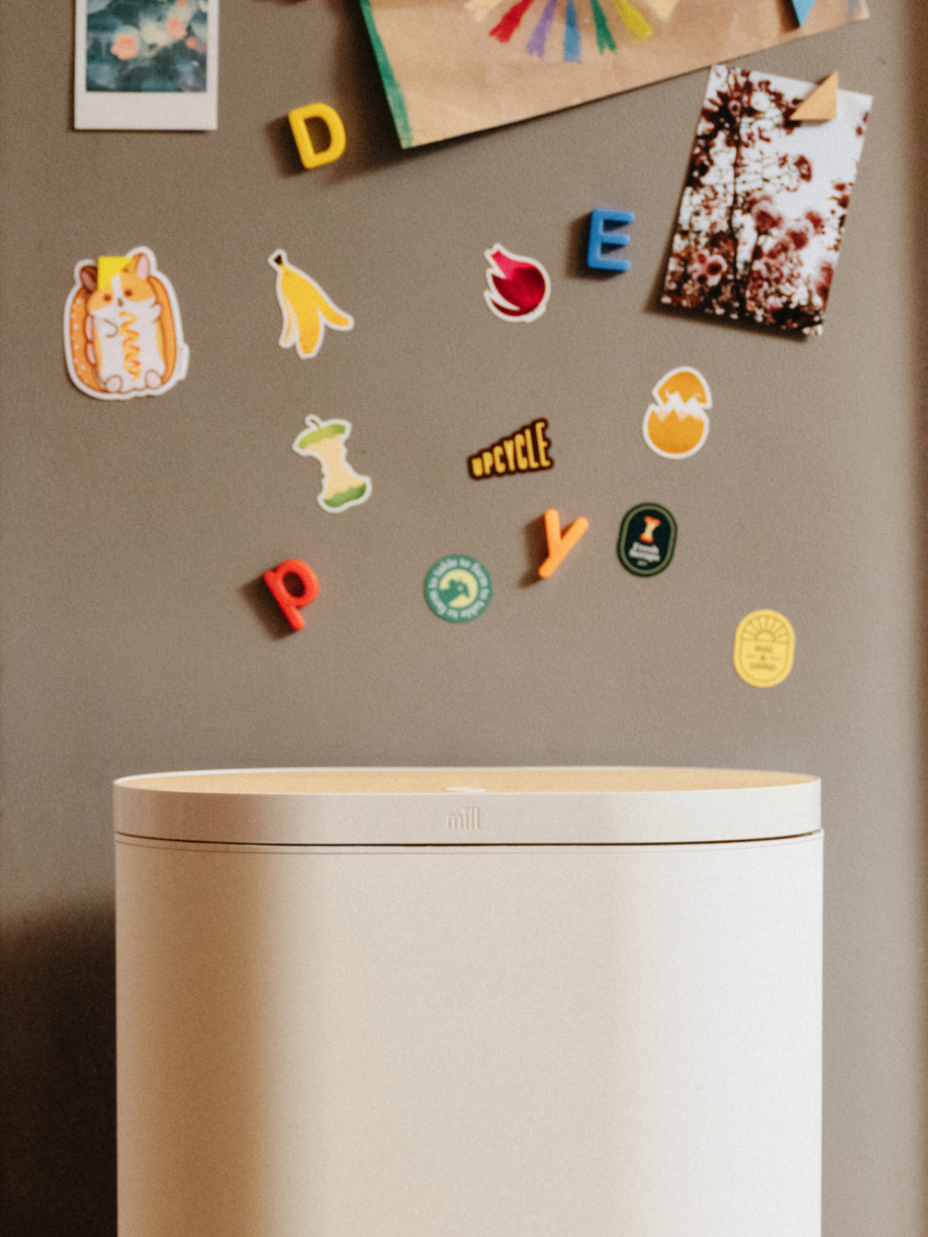A Mill kitchen bin is viewed against a refrigerator decorated with magnets.