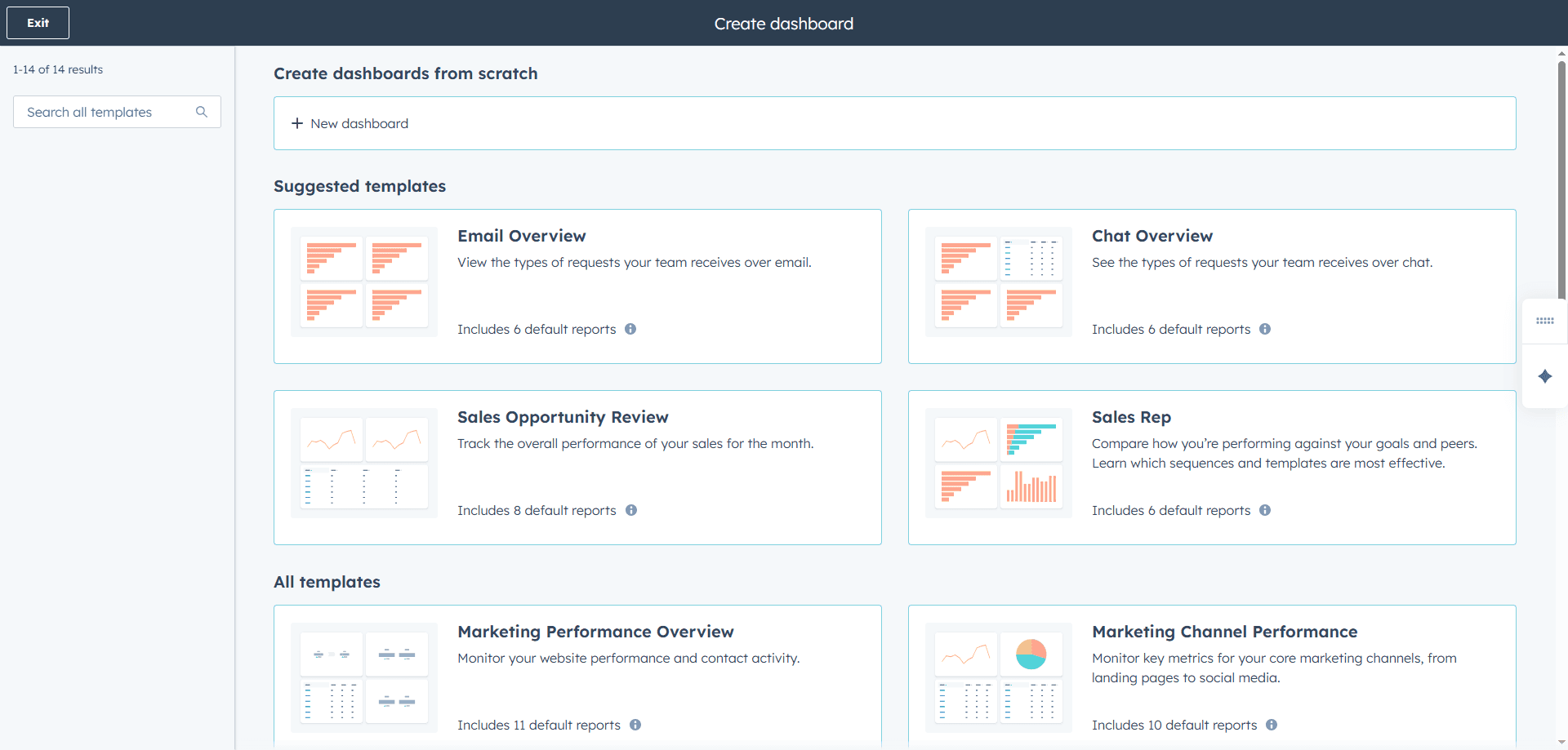Dashboard creation options and templates from HubSpot for Insurance displayed here.
