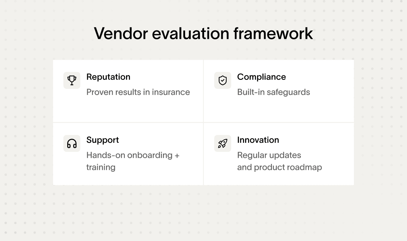 Vendor evaluation framework with insurance virtual assistant benefits and features listed.