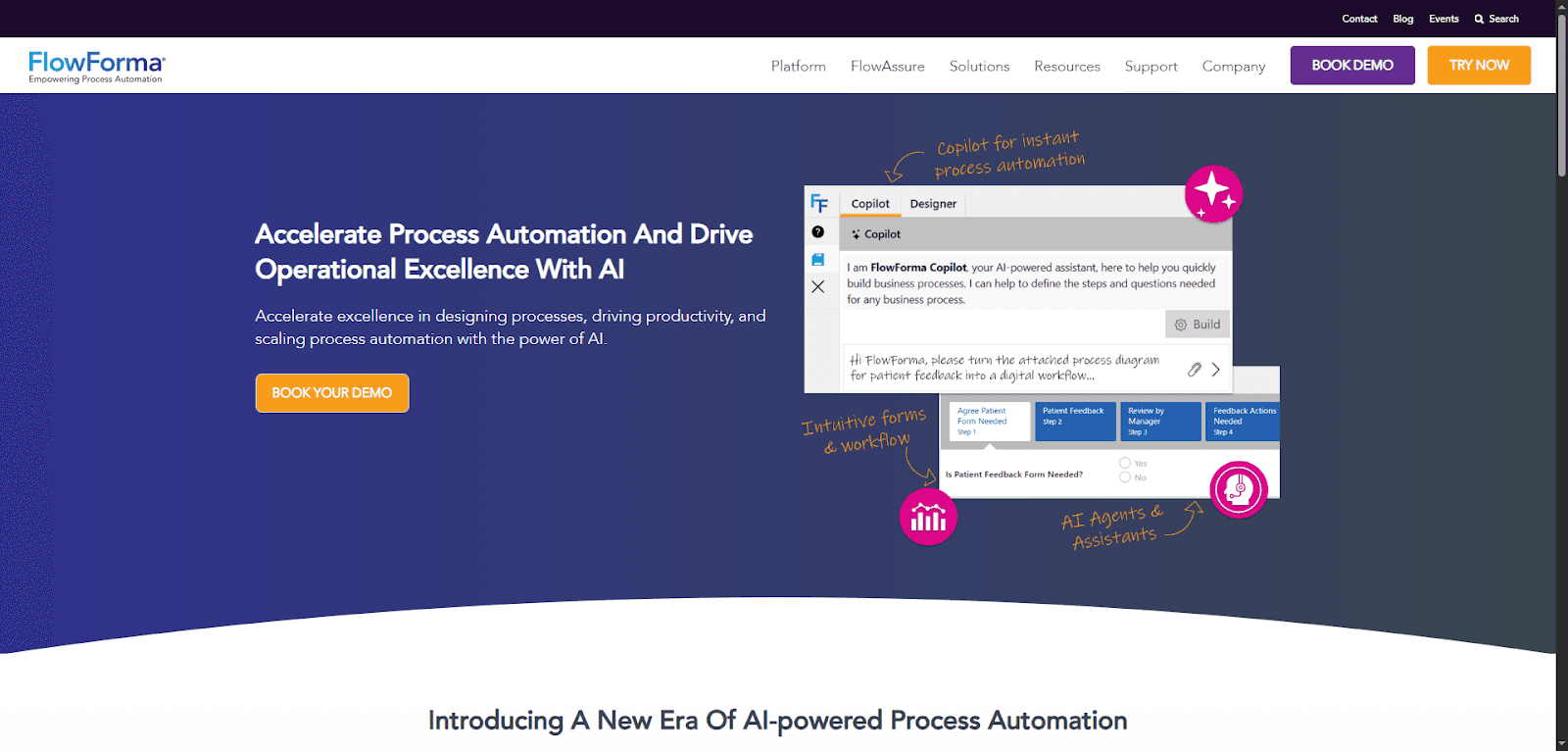 FlowForma website showcasing insurance quote automation and process efficiency tools.