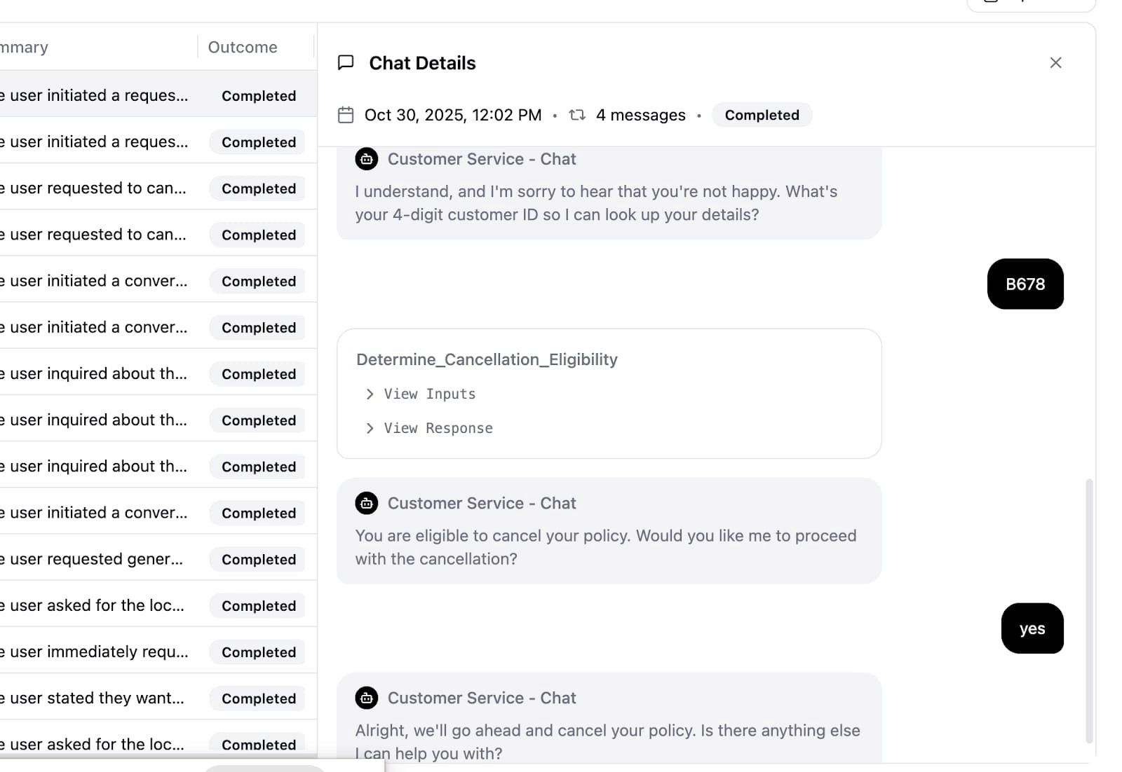 Customer service chat discussing document collection automation insurance and cancellation.
