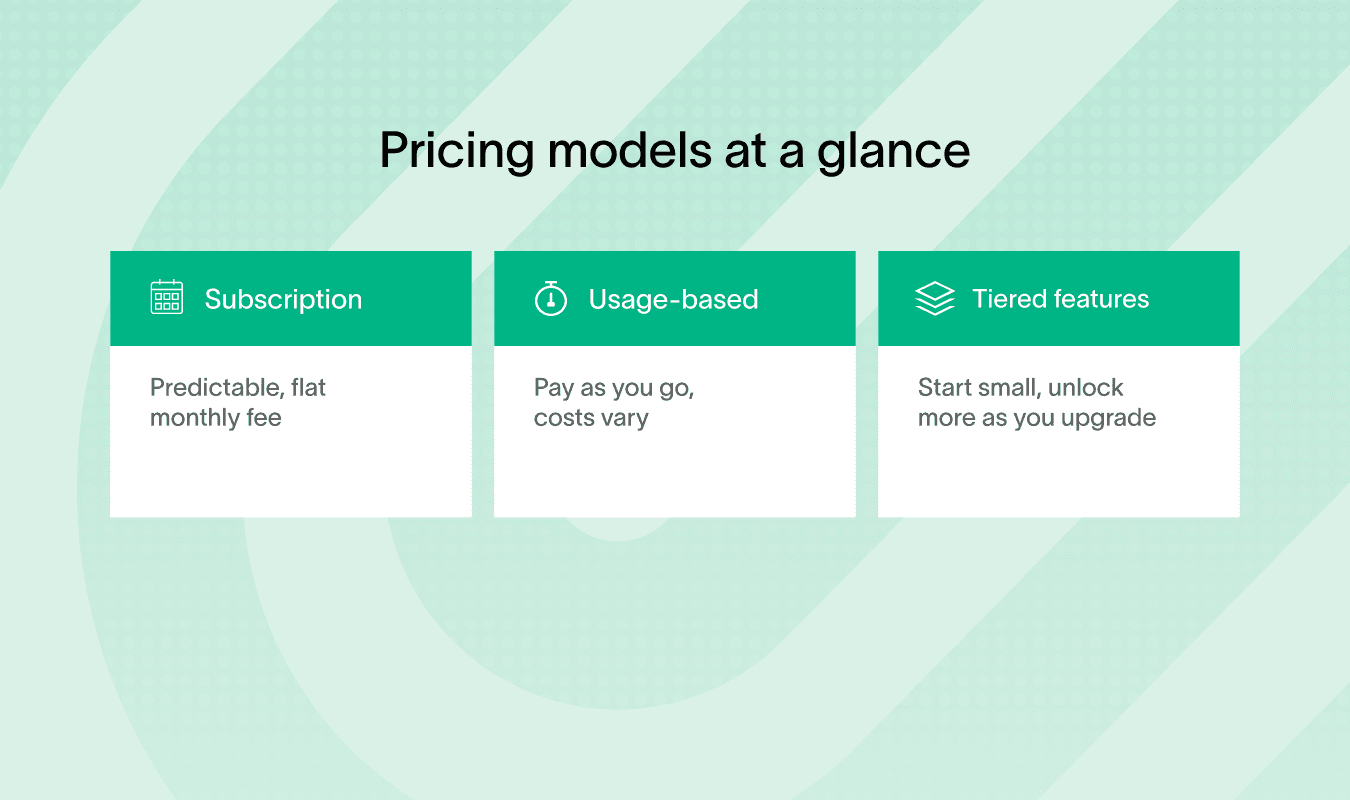 Pricing models for an insurance virtual assistant: subscription, usage-based, tiered features.