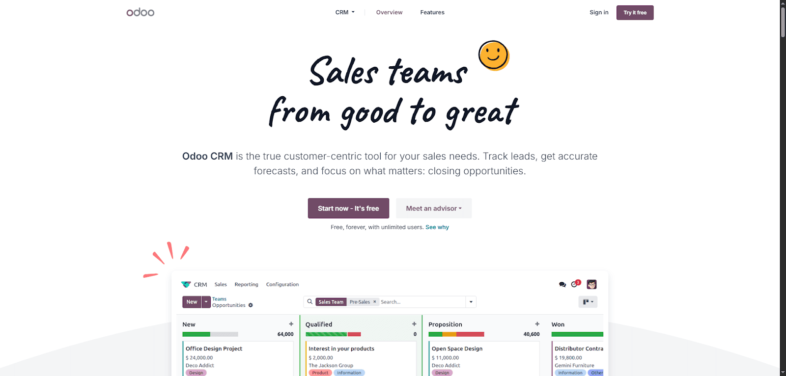 Odoo CRM helps manage sales with insurance distribution software effectively.