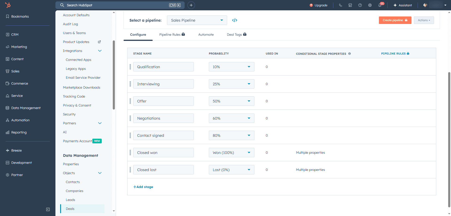 Sales pipeline stages are displayed in HubSpot for Insurance software.