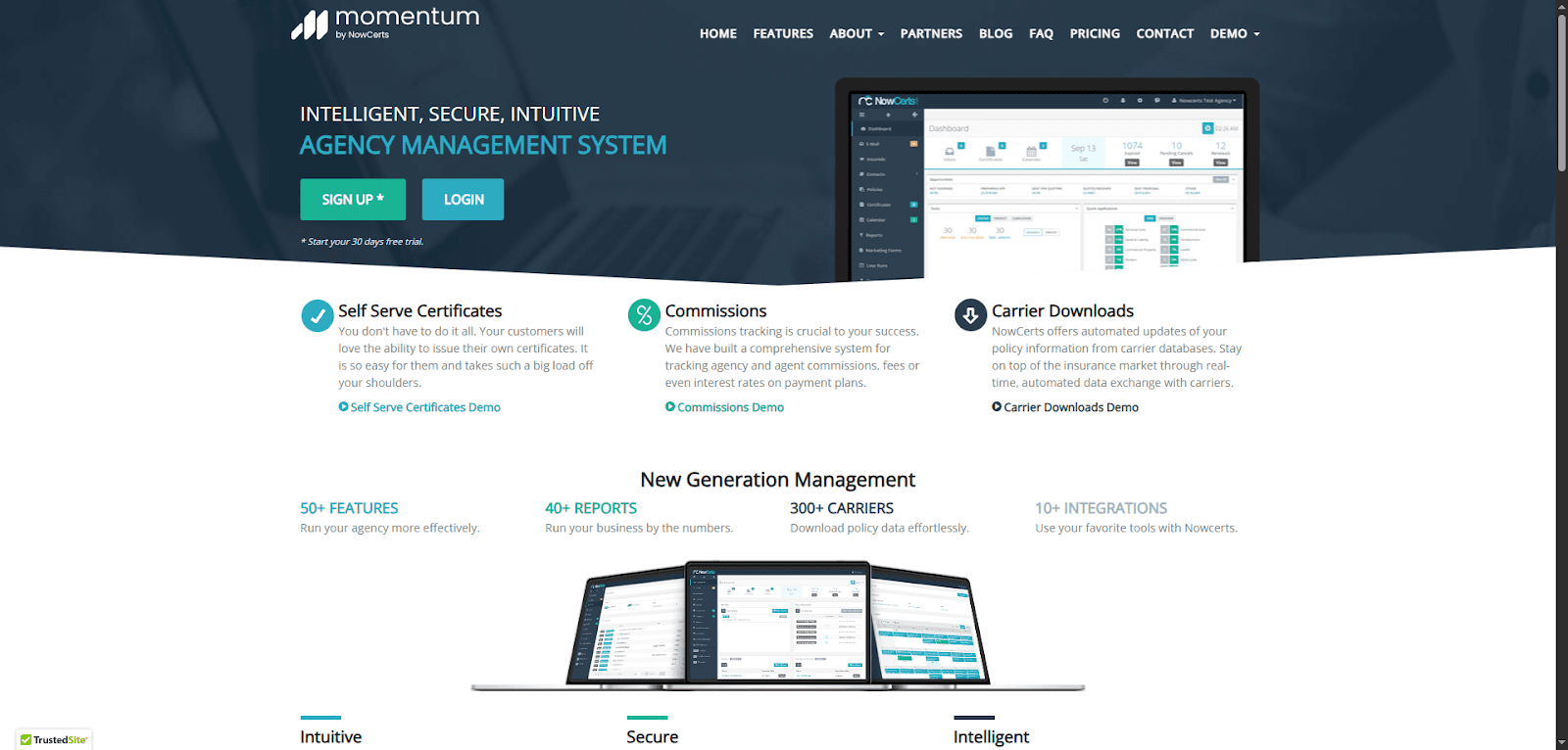 Website showcasing an insurance distribution software for agency management systems.