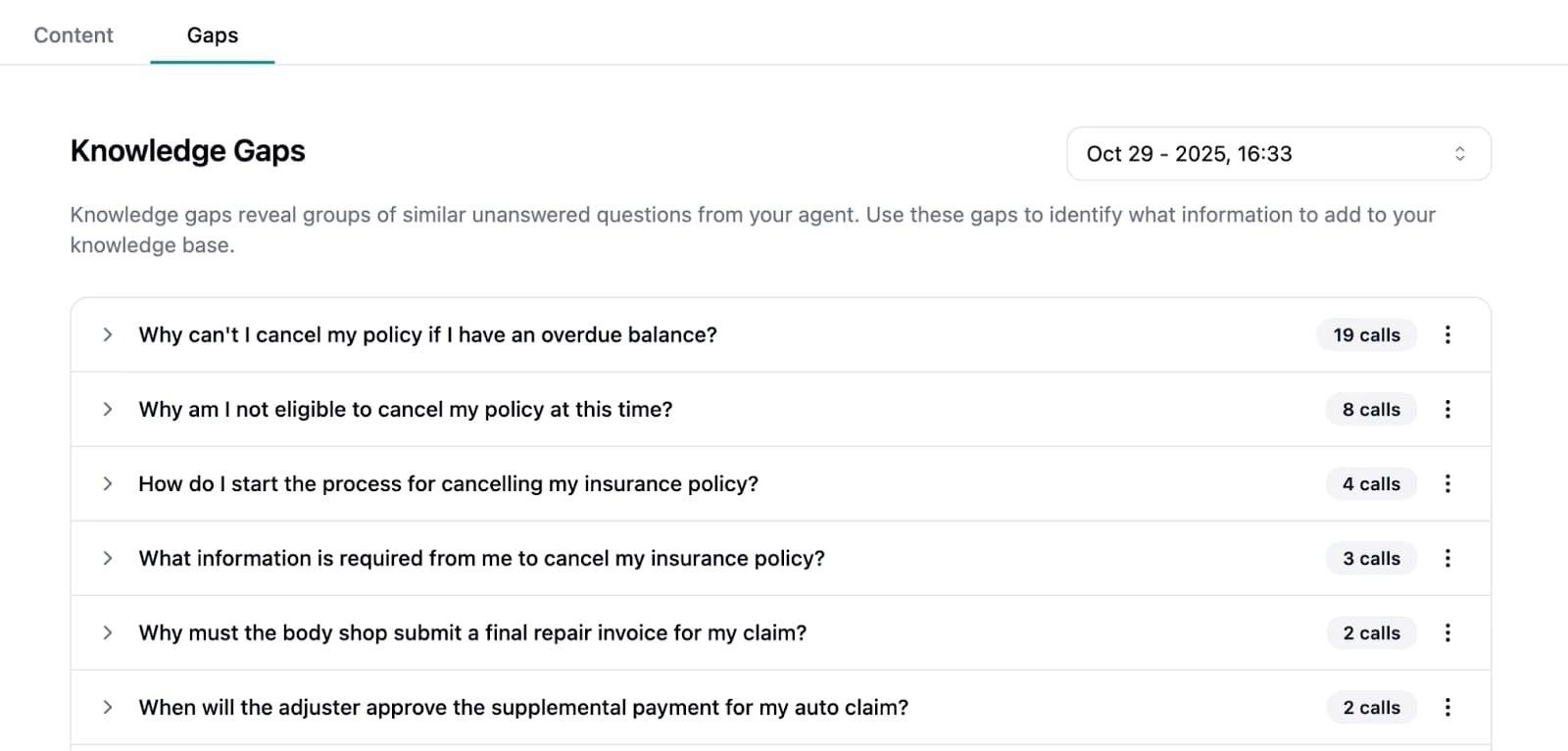 List of customer questions about insurance and after hours insurance support.