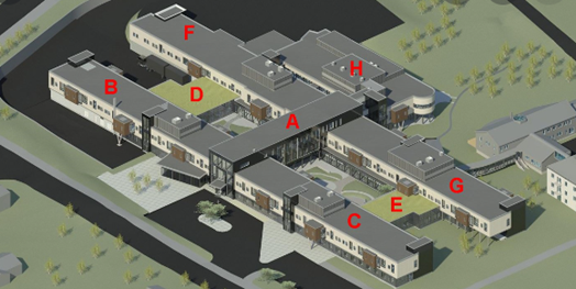 Prinsippskisse fotavtrykk med funksjonsfordeling i bygg Nordlandssykehuset,