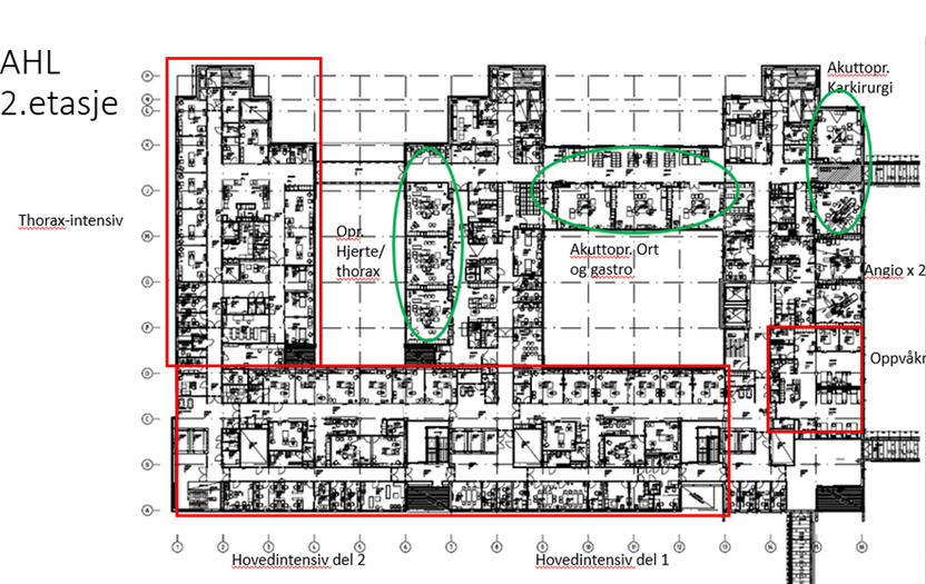 Plantegning 2.etg i Akutt-/hjertelungesenteret St Olavs hospital. 