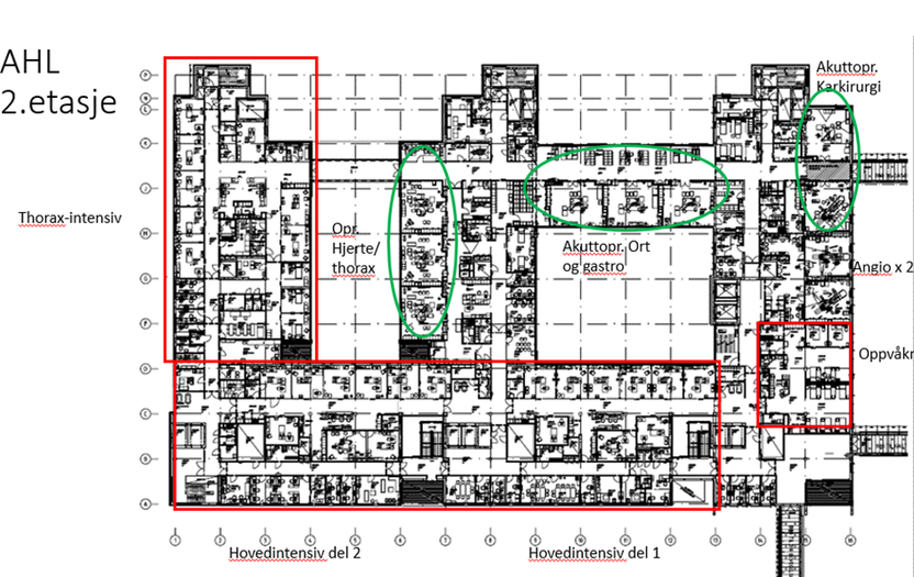 Plantegning 2.etg i Akutt-/hjertelungesenteret St Olavs hospital.