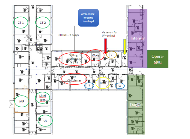 Prinsippskisse fotavtrykk med funksjonsfordeling i bygg Kirkenes sykehus
