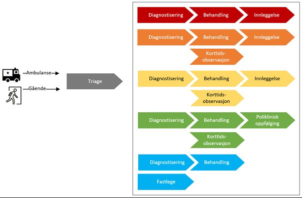 Figur som viser fem ulike pasientflyter etter steget triage.