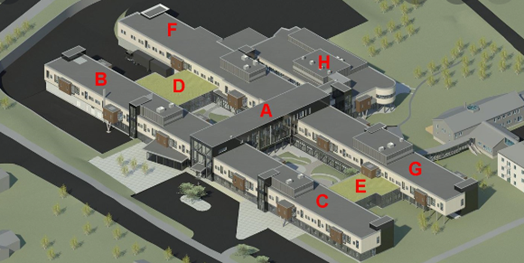 Prinsippskisse fotavtrykk med funksjonsfordeling i bygg Nordlandssykehuset, Vesterålen