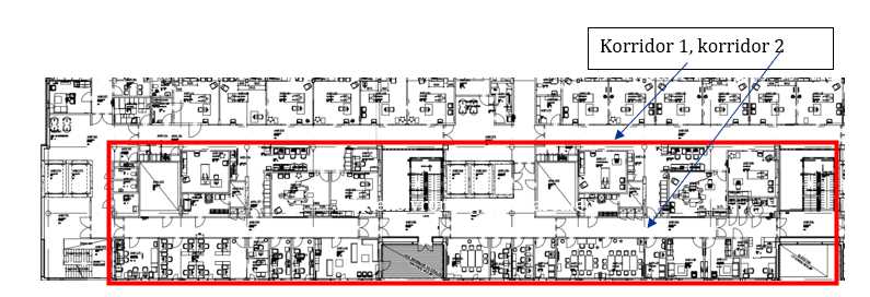 Hovedintensiv i 2.etg. i Akutt-/hjerte-lungesenteret ved St. Olavs hospital. Korridor 1 viser intensivenheten som har adgangskontroll. Korridor 2 har kontor, møterom, pauserom, pårørenderom tilhørende intensivenheten.