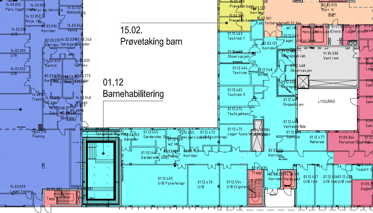 Felles areal for ergoterapi og fysioterapi med ub-rom, treningsrom 