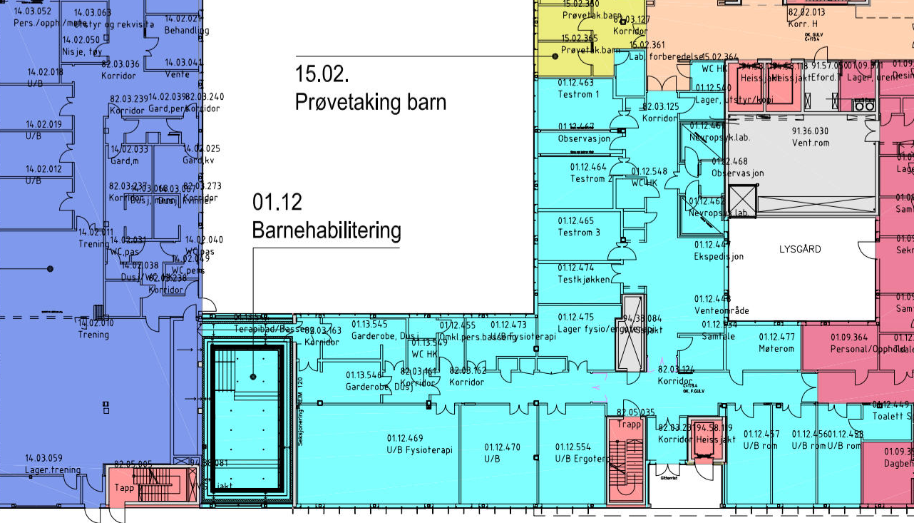 Felles areal for ergoterapi og fysioterapi med ub-rom, treningsrom