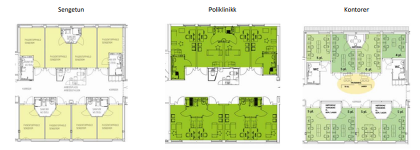 Skisse av mulige endringer sengetun til poliklinikk eller kontorområde