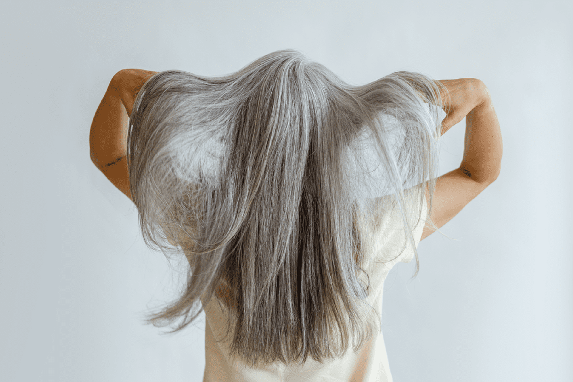 Photo of a the back of a woman's hair, long grey strands with hands lifting it at the sides