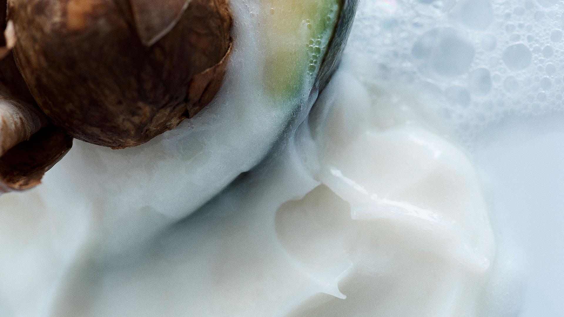 Partial image of Avocado with Harklinikken conditioner suds and liquid next to it