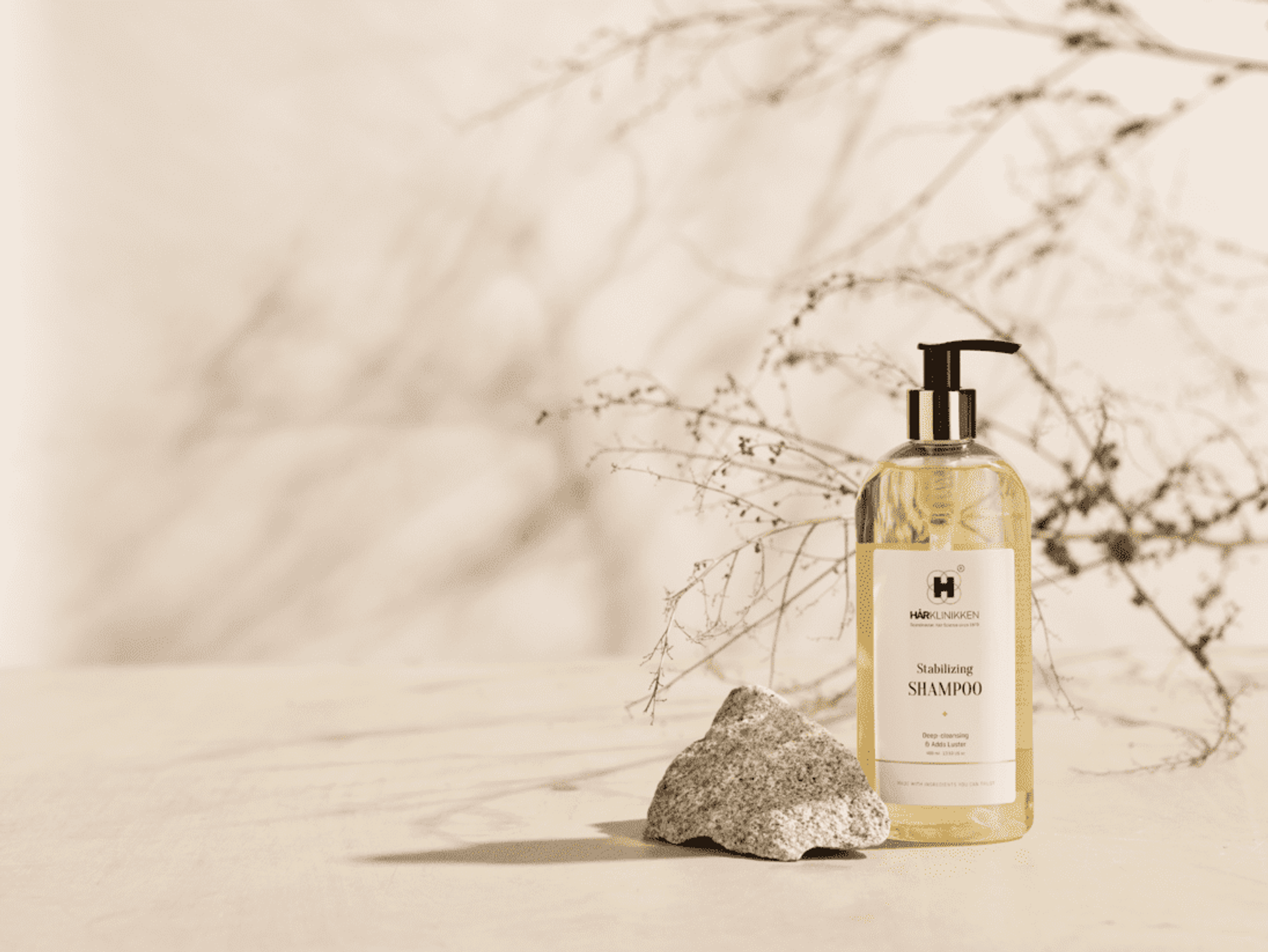 Picture of Harklinikken Stabilizing Shampoo next to stone and branches
