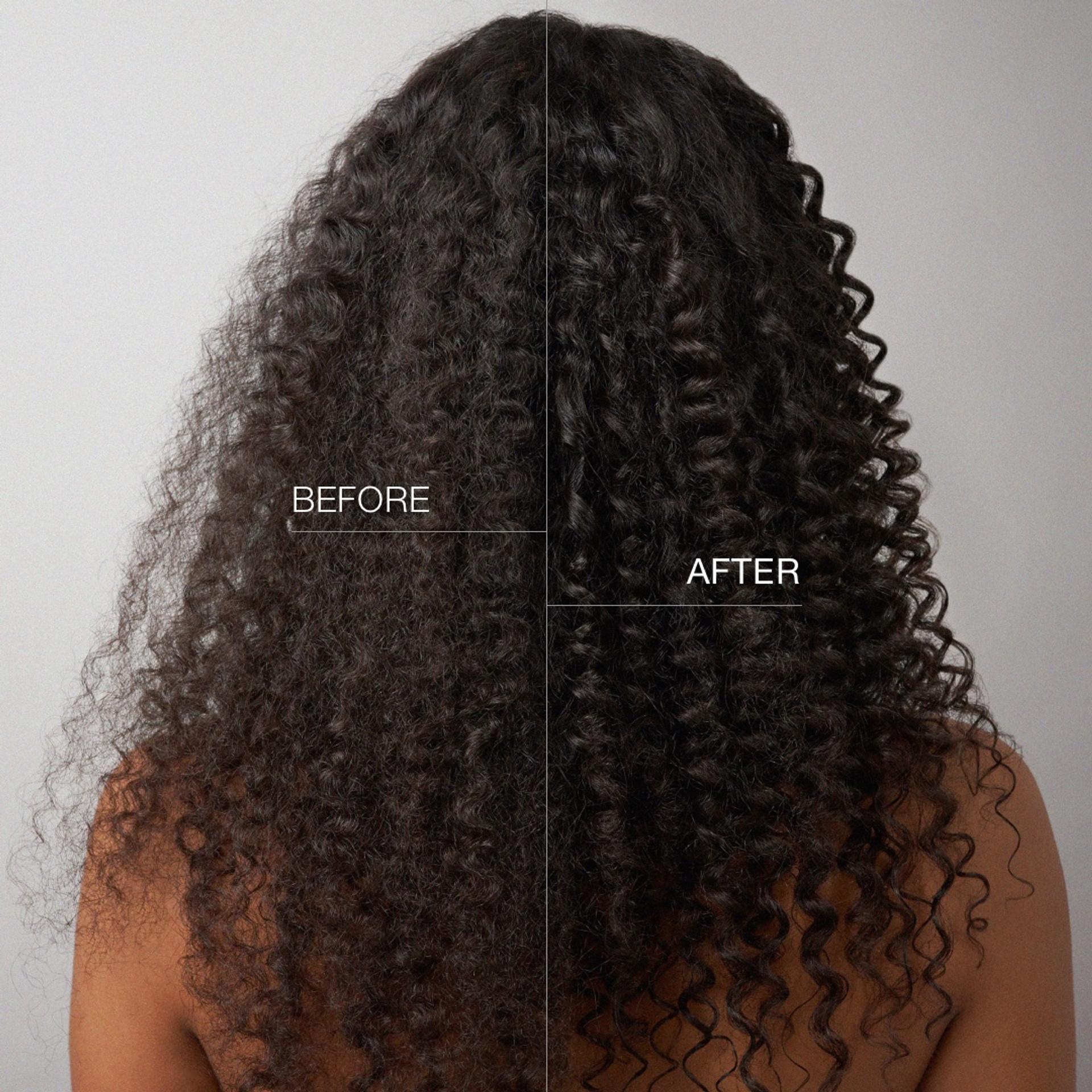 Photo of the back of a women's head and back with thick curly afro hair before and after using a weightless conditioner
