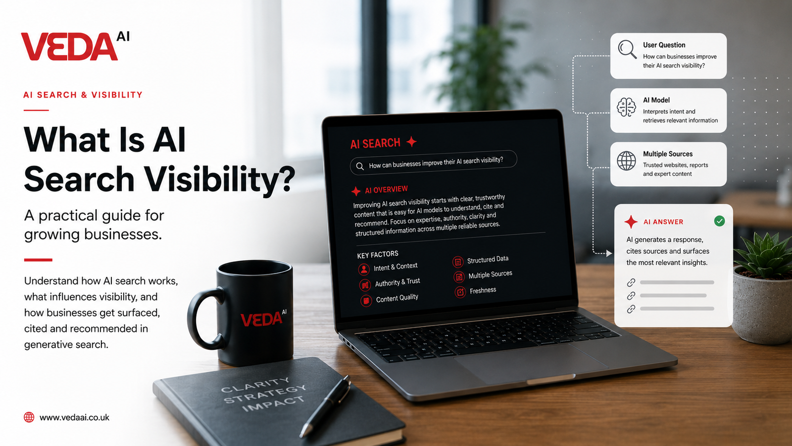Veda AI guide card showing a buyer question passing through an AI model and multiple trusted sources to produce a cited AI answer.