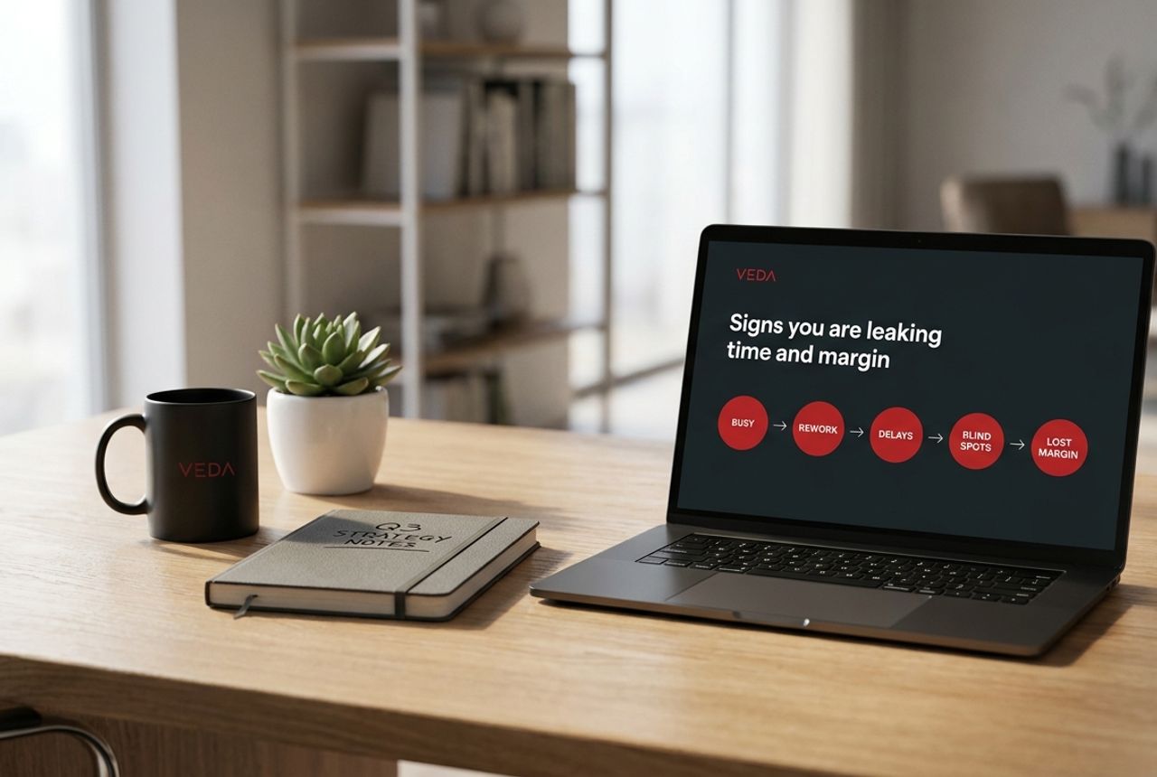 A laptop on a wooden desk showing a Veda slide titled 'Signs you are leaking time and margin' with five operational warning signs