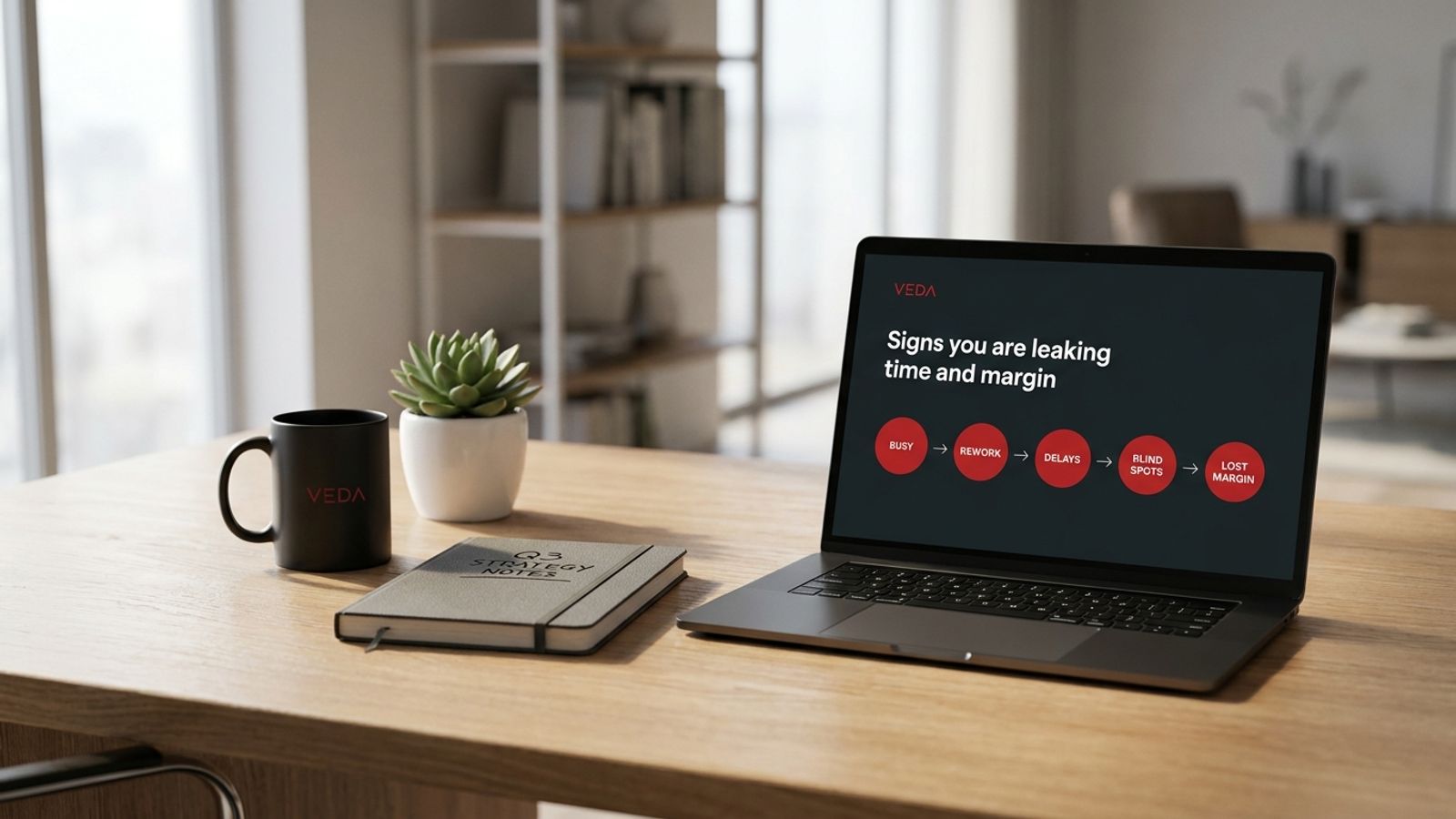 A laptop on a wooden desk showing a Veda slide titled 'Signs you are leaking time and margin' with five operational warning signs