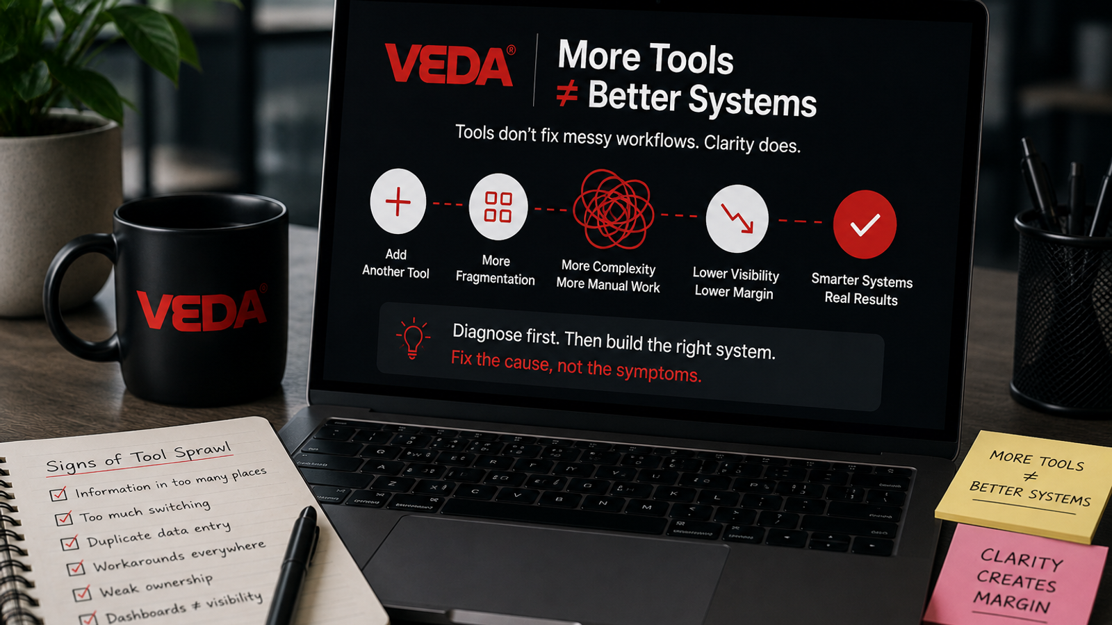 A cluttered stack of disconnected software tools that adds complexity rather than a clearer system