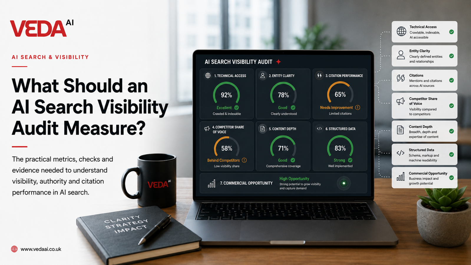 Veda AI audit card showing the dimensions a visibility baseline covers — technical access, entity clarity, citation performance, competitor share of voice, content depth and structured data.