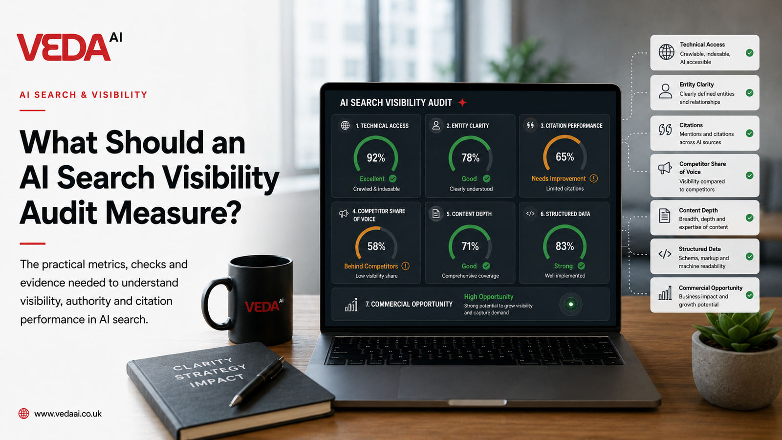 Veda AI audit card showing the dimensions a visibility baseline covers — technical access, entity clarity, citation performance, competitor share of voice, content depth and structured data.
