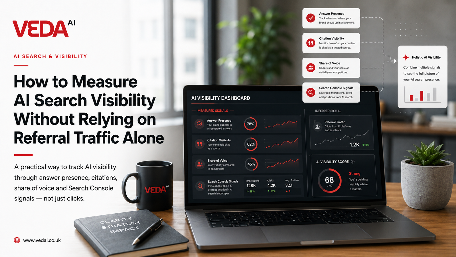 Veda AI card showing AI visibility measured through prompt coverage, mention and citation rates, share of voice and source quality rather than referral traffic alone.