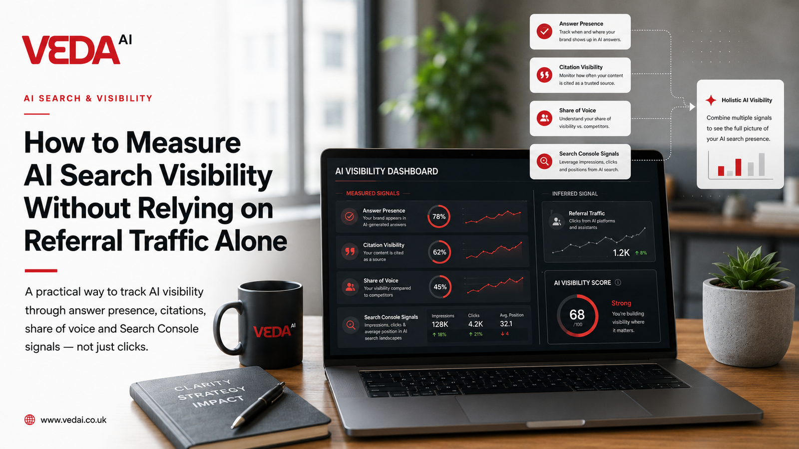 Veda AI card showing AI visibility measured through prompt coverage, mention and citation rates, share of voice and source quality rather than referral traffic alone.