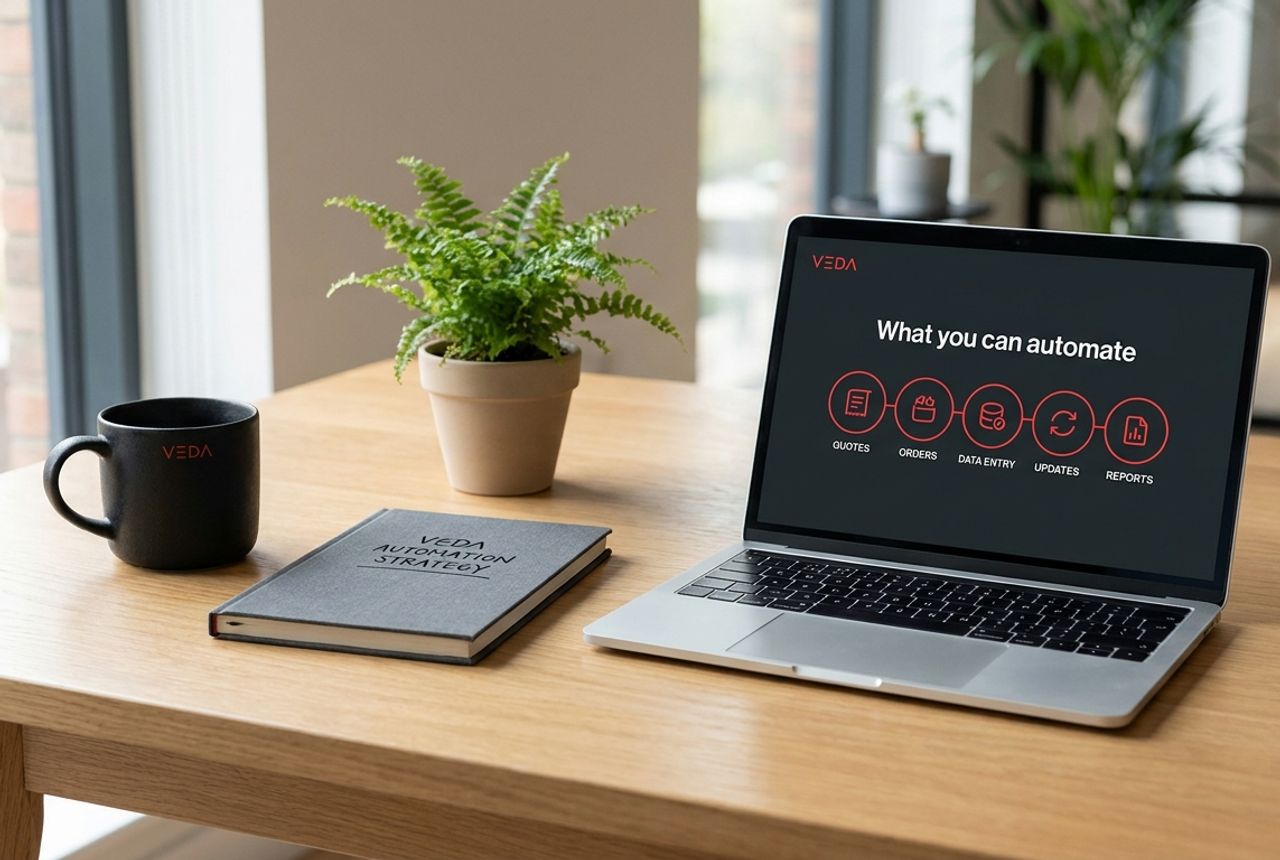 A laptop on a wooden desk showing a Veda slide titled 'What you can automate' with icons for quotes, orders, data entry, updates and reports
