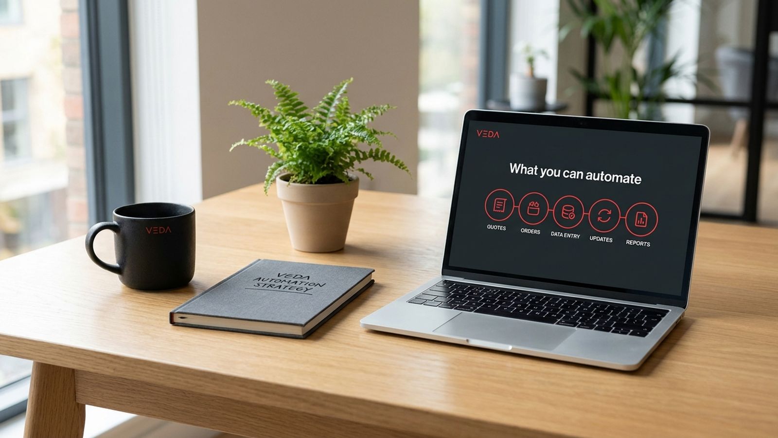 A laptop on a wooden desk showing a Veda slide titled 'What you can automate' with icons for quotes, orders, data entry, updates and reports