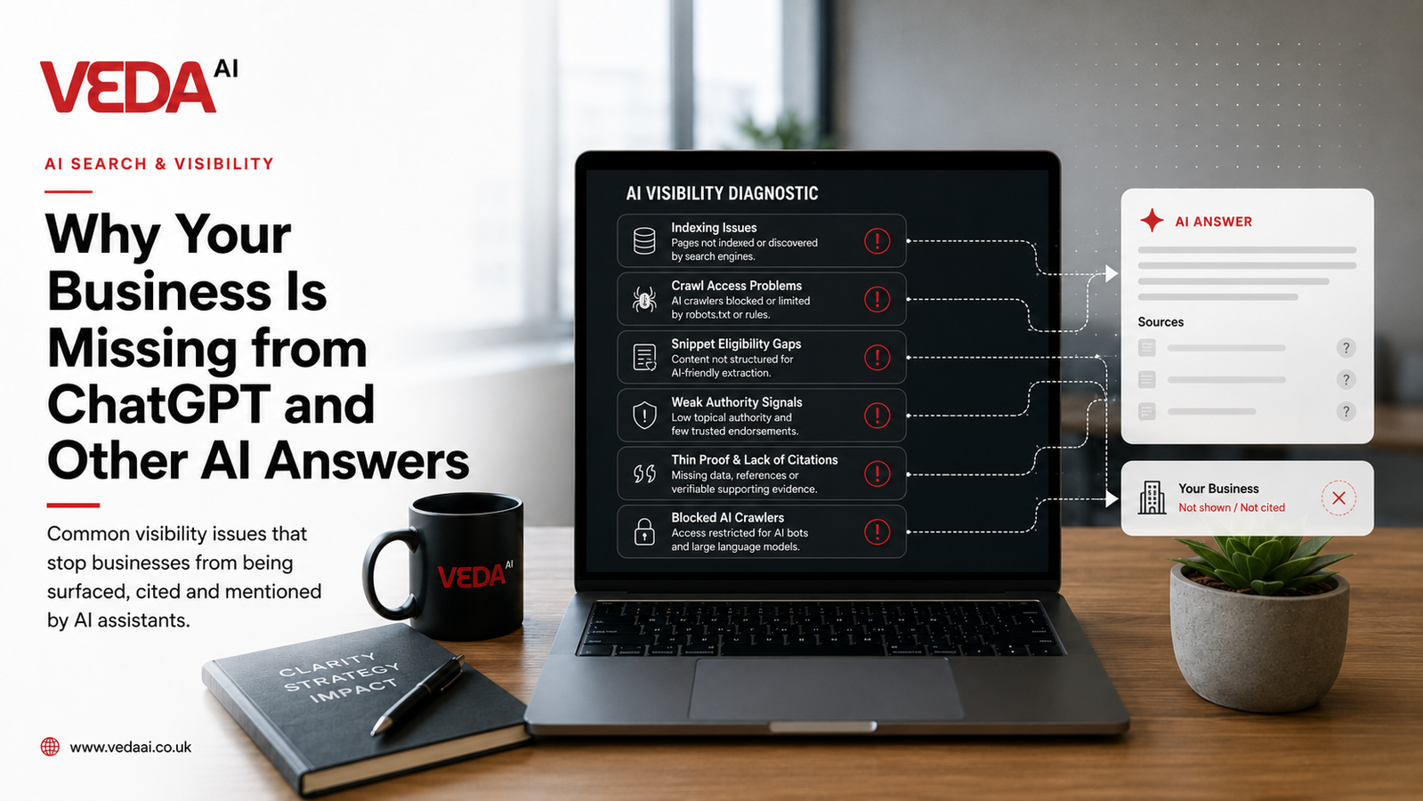 Veda AI diagnostic card listing the common reasons a business is absent from AI answers — indexing, crawl access, snippet eligibility, weak authority, thin proof and blocked crawlers.