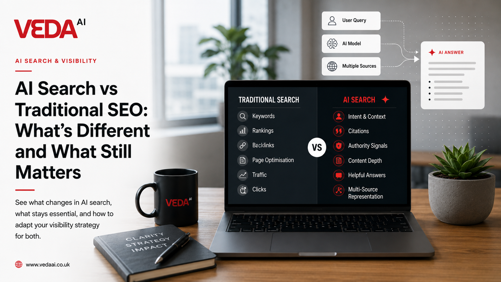 Veda AI comparison card contrasting traditional search signals such as keywords, rankings and backlinks with AI search signals such as intent, citations and authority.