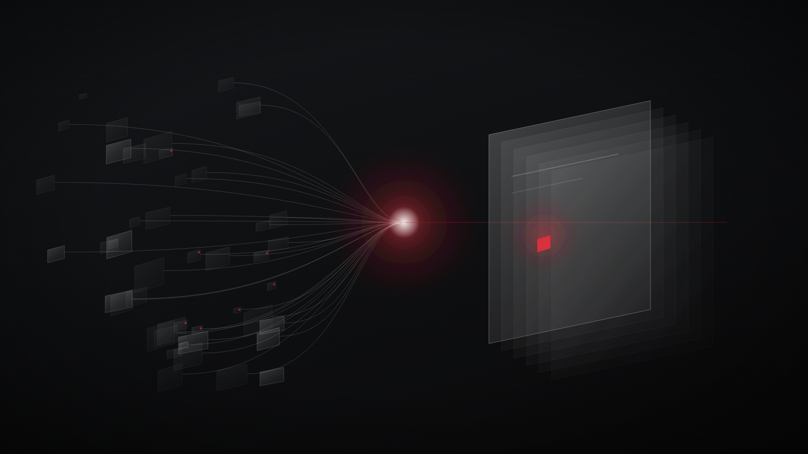 Scattered sources across the open web converging into a single synthesised answer, with one business marked in red as the one that gets named.