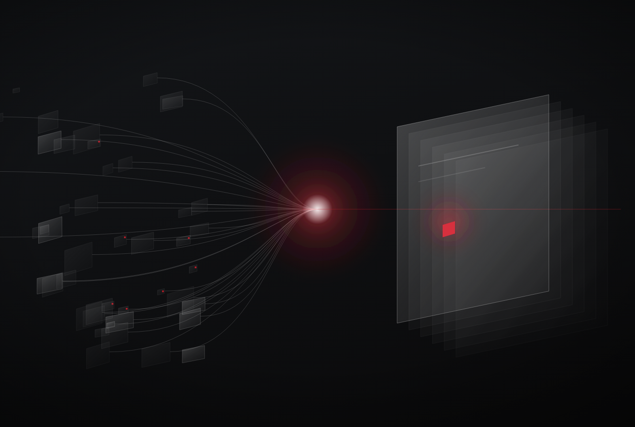 Scattered sources across the open web converging into a single synthesised answer, with one business marked in red as the one that gets named.