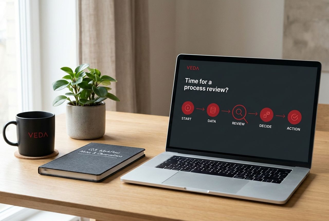 A laptop on a tidy wooden desk showing a Veda slide titled 'Time for a process review?' with a five-step flow from start to action
