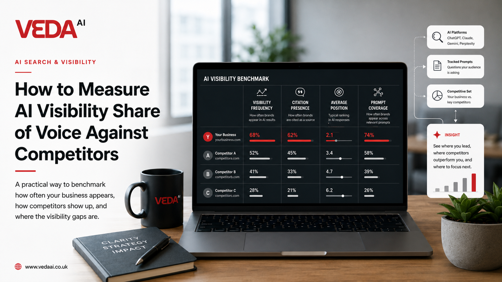 Veda AI benchmark card comparing a business against three competitors on visibility frequency, citation presence, average position and prompt coverage.
