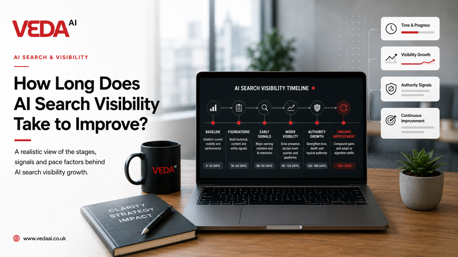 Veda AI card showing AI search visibility improving in stages, from quick technical corrections through to slower authority and citation building.