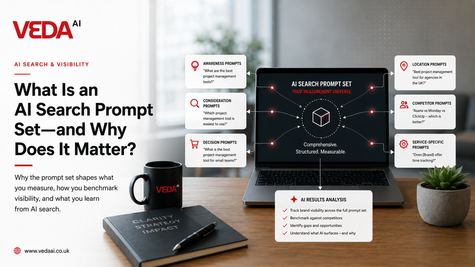 Veda AI card showing a prompt set as a measurement universe, with awareness, consideration, decision, location, competitor and service-specific prompts feeding one analysis.