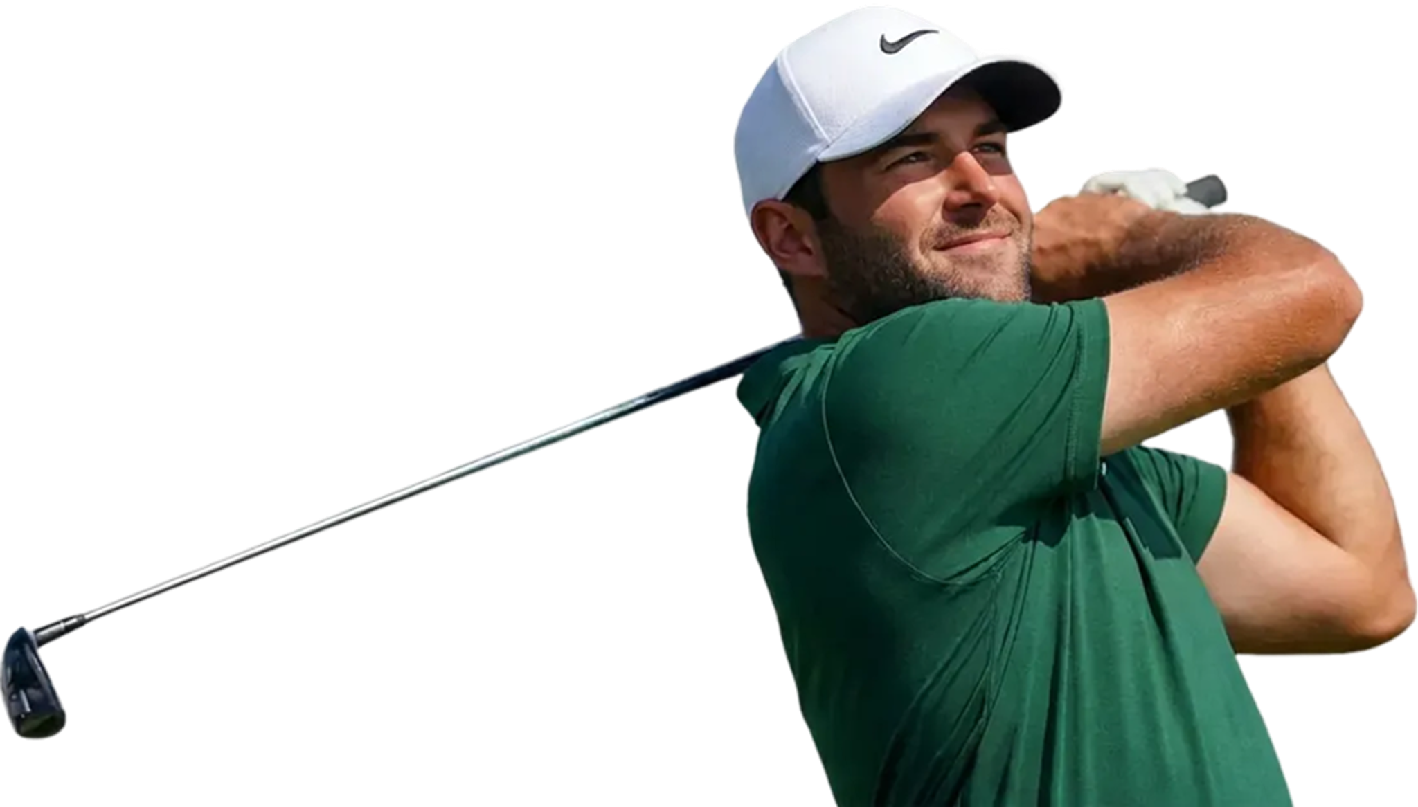 Happy golfer in mid-swing pose, wearing a white cap and green shirt