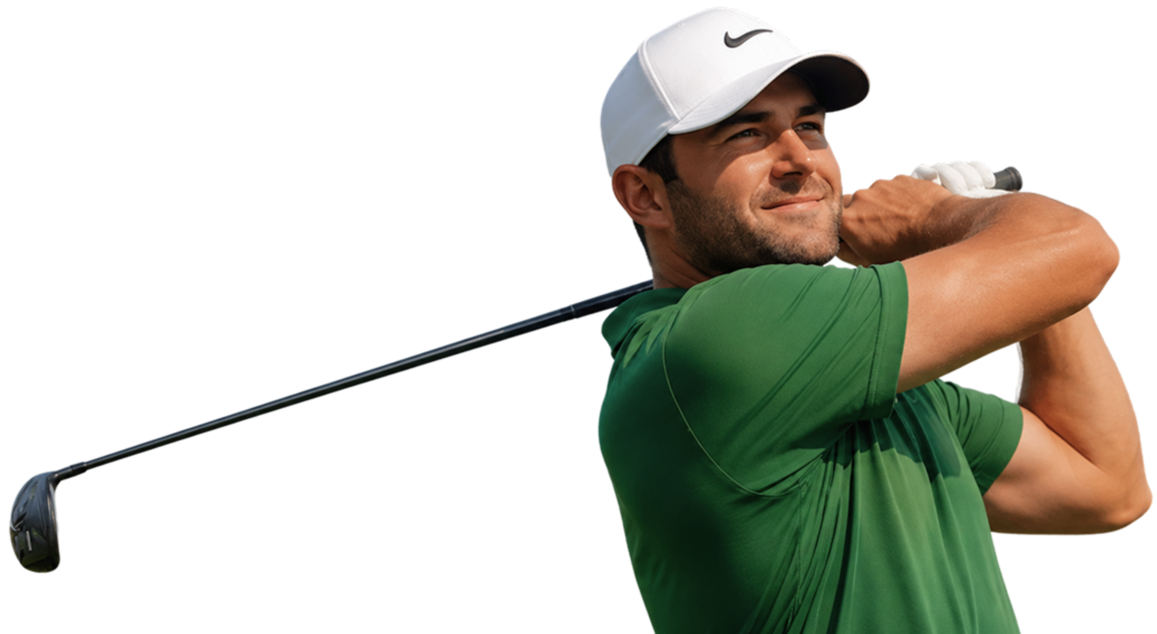 Happy golfer in mid-swing pose, wearing a white cap and green shirt