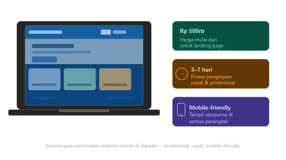 Ilustrasi jasa pembuatan website murah di Jakarta menampilkan mockup website di laptop dengan tiga keunggulan: harga mulai Rp500.000, pengerjaan 3–7 hari, dan desain mobile-friendly.