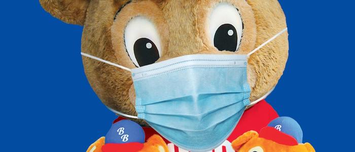 Buddy Bear wearing a facemask