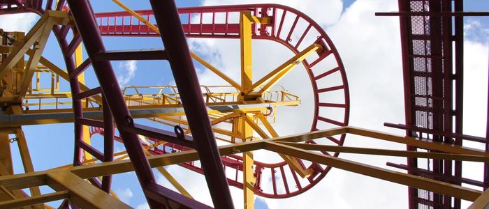 view from the ground up to rails of the Crazy Mouse Thrill Ride at DelGrosso's Amusement Park